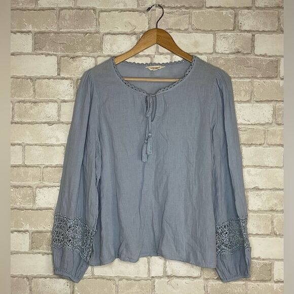Lucky Brand Tops - Lucky Brand Light Blue Crochet Trim Blouse Size L